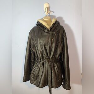Wilsons leather belted chocolate brown faux fur interior hooded coat size XL